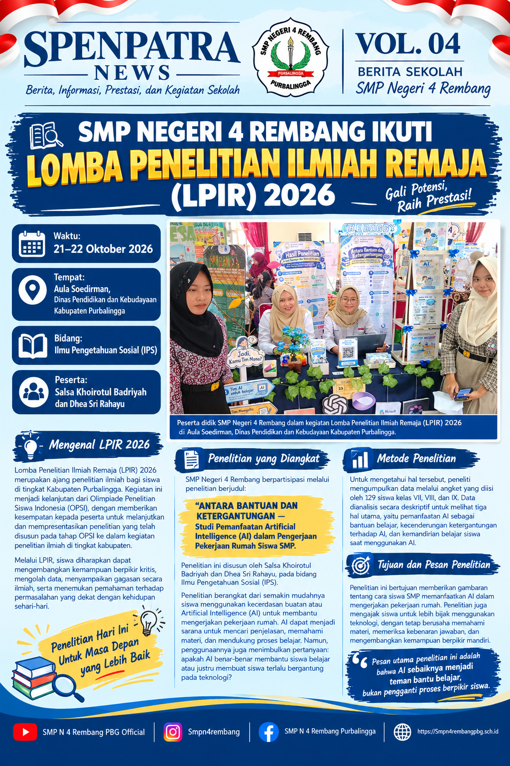 SMP N 4 Rembang kirim perwakilan siswa dalam lomba penelitian ilmiah remaja 2026